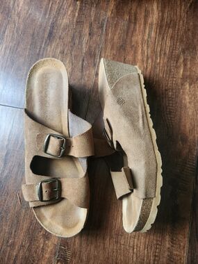 Yokono Tan Leather Suede Wedge Sandals with Double Buckle Straps